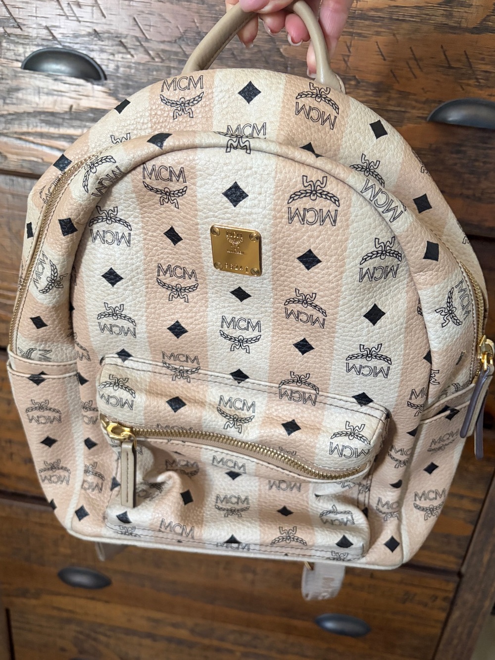 MCM Beige Logo Print Mini Backpack
